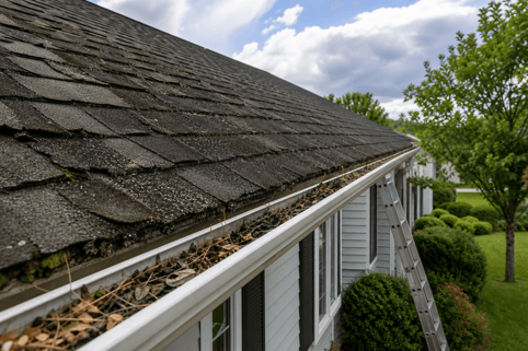 Aging Roof with Algae Stains and Debris Obstruction