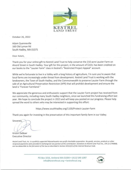 2022 Donation Letter from Kestrel Land Trust