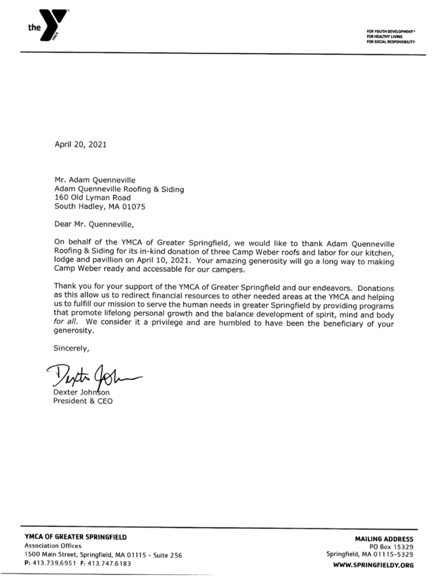 YMCA Camp Weber Roof Donation Letter