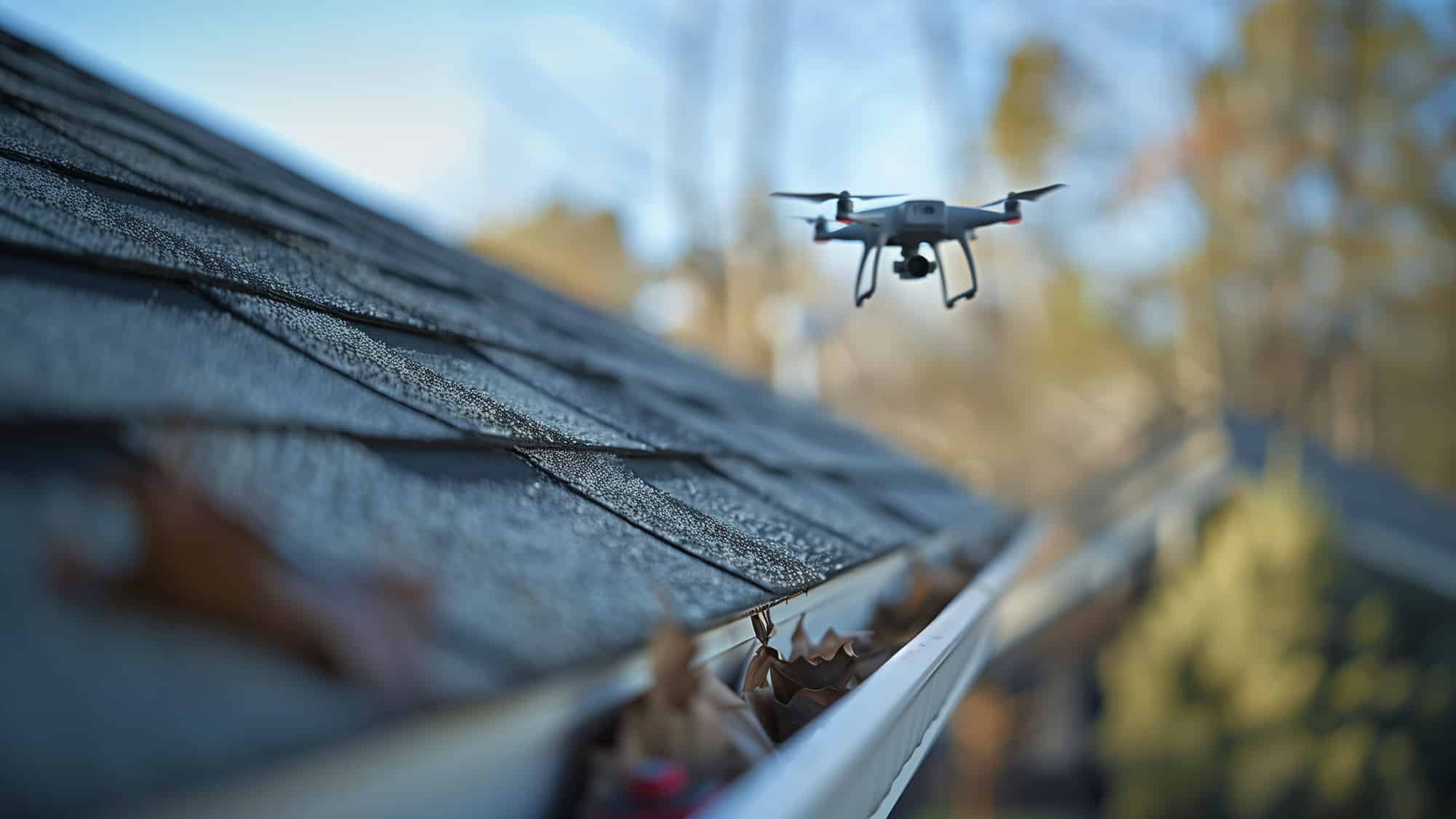 drone flying above roof and gutter