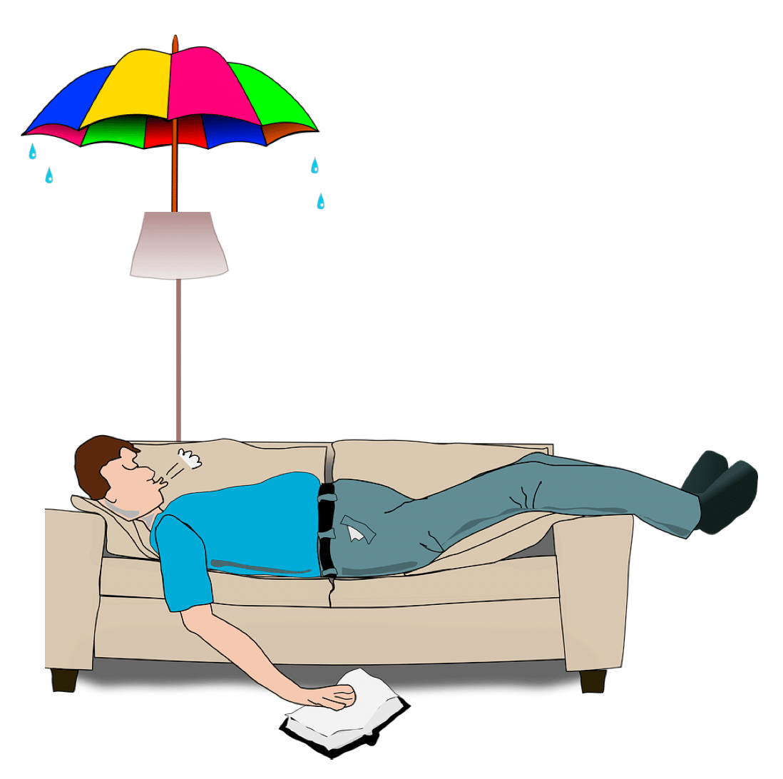 Illustration of a man laying on the couch with an umbrella because of a leaky roof