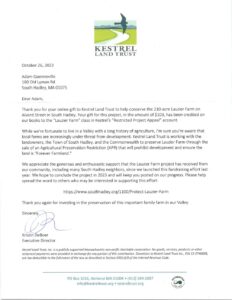 2022 Donation Letter from Kestrel Land Trust