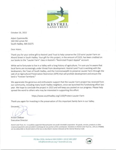 2022 Donation Letter From Kestrel Land Trust