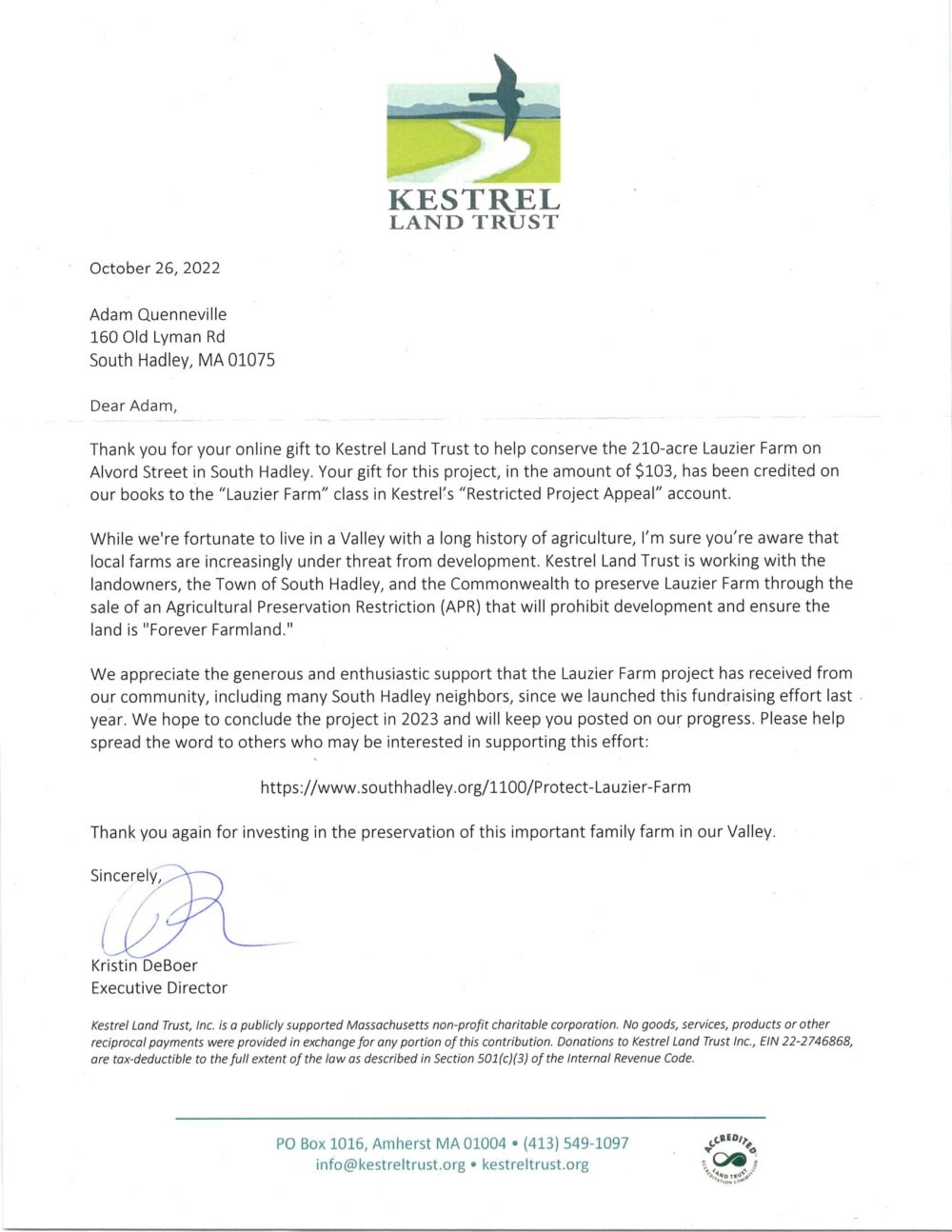 2022 Donation Letter from Kestrel Land Trust