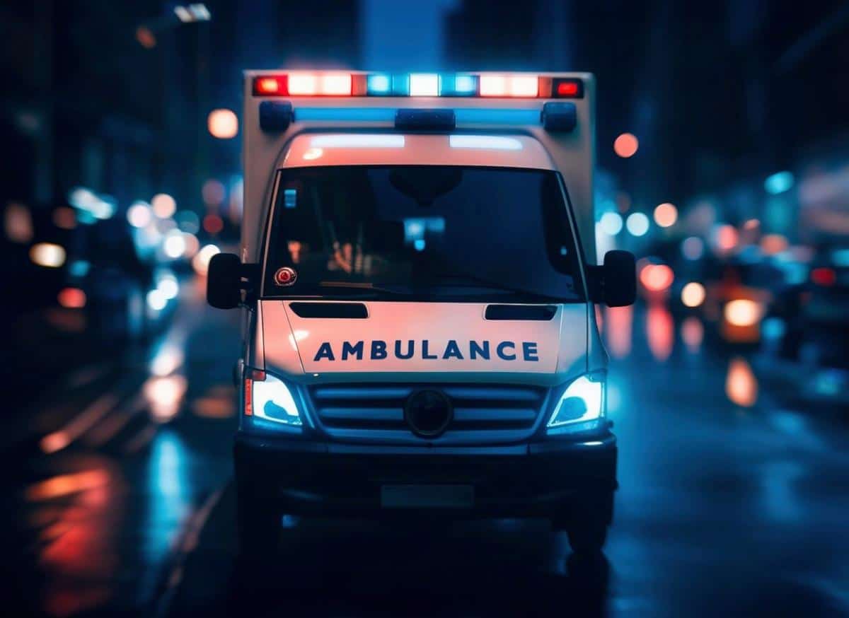 an ambulance driving with lights flashing