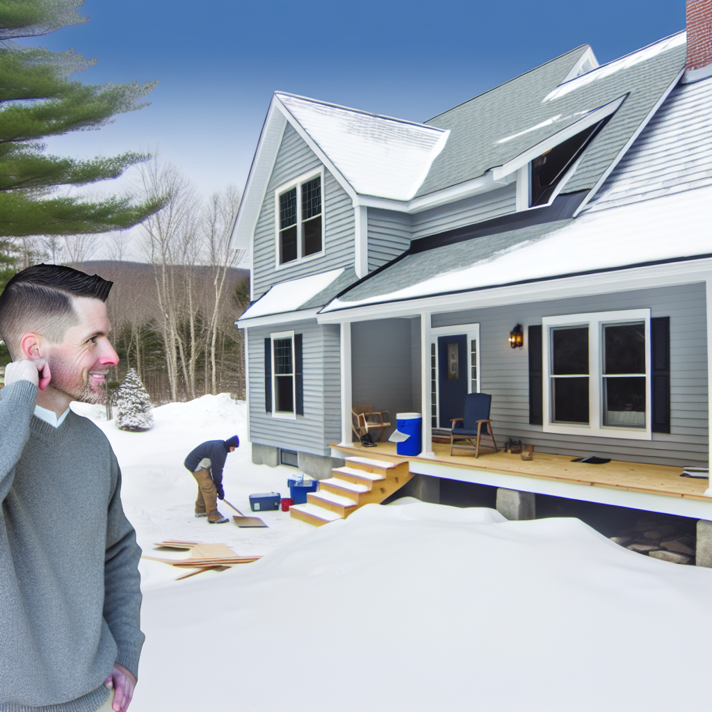a man standing in front of a house with snow