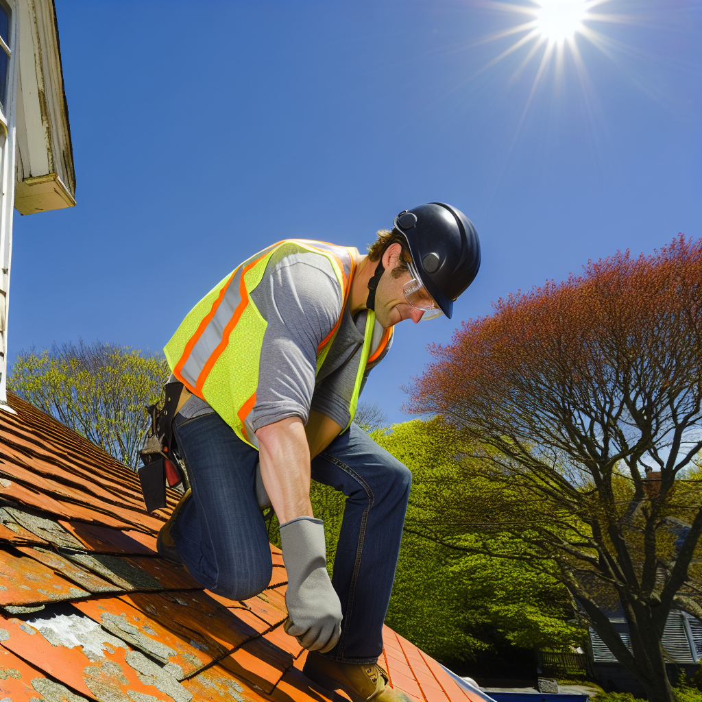a man wearing a safety vest and gloves on a roof