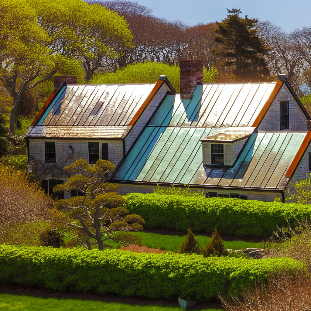 a house with a green roof and bushes