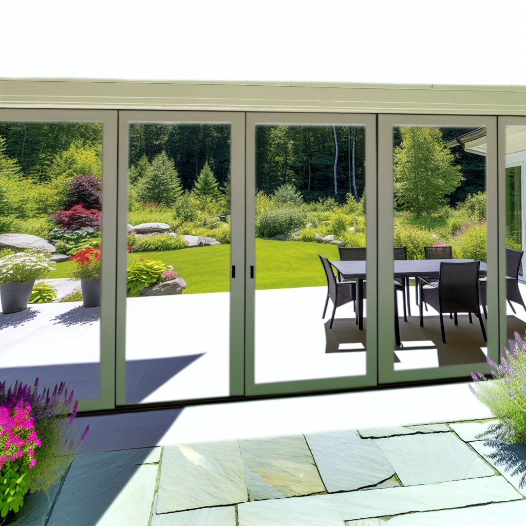 a patio with a table and chairs outside