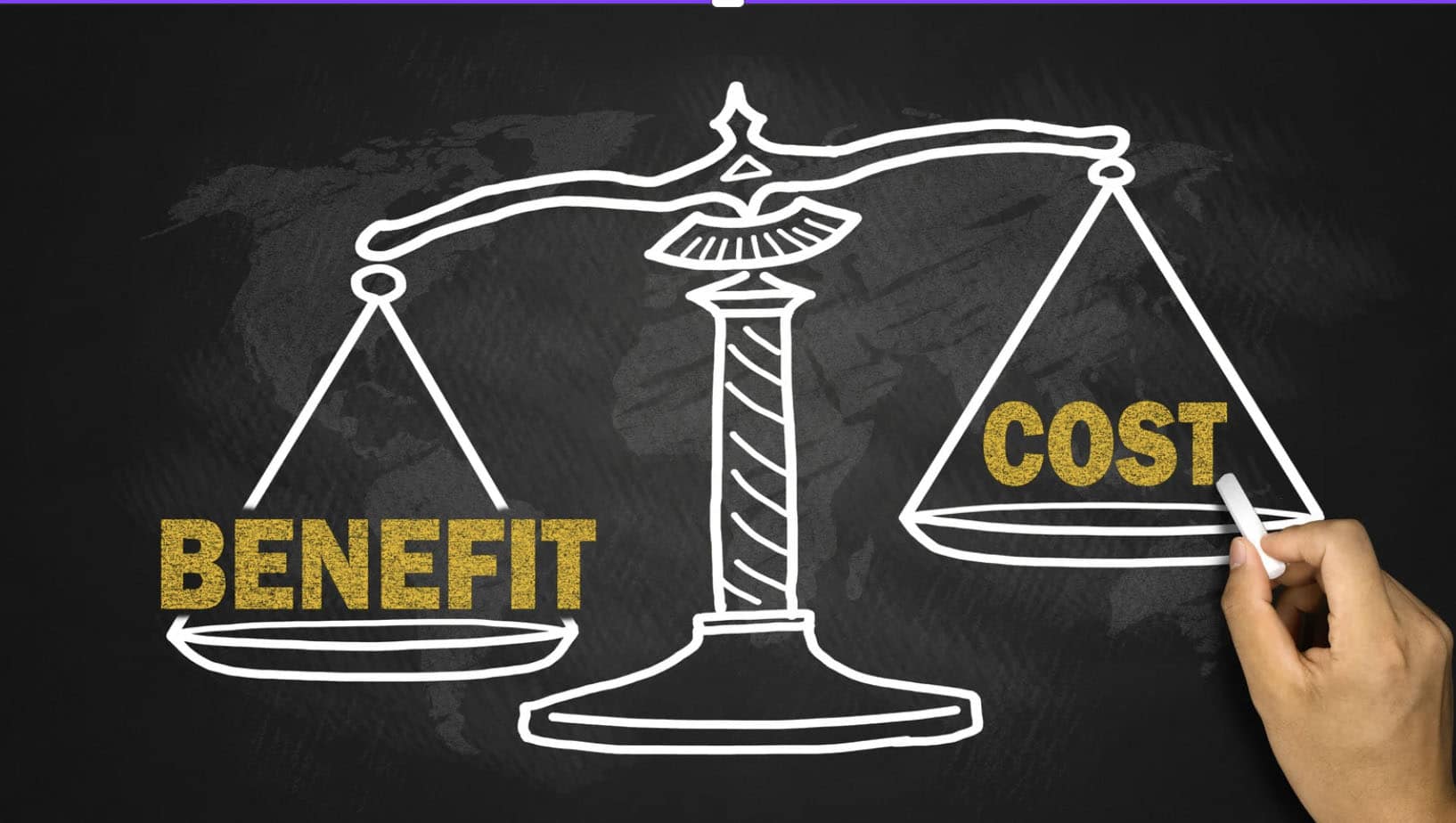 a scale balancing the words "benefit" and "cost"