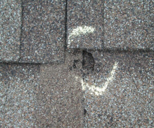 close up view of roof shingles that have had impact damage, causing part of the shingle to break off
