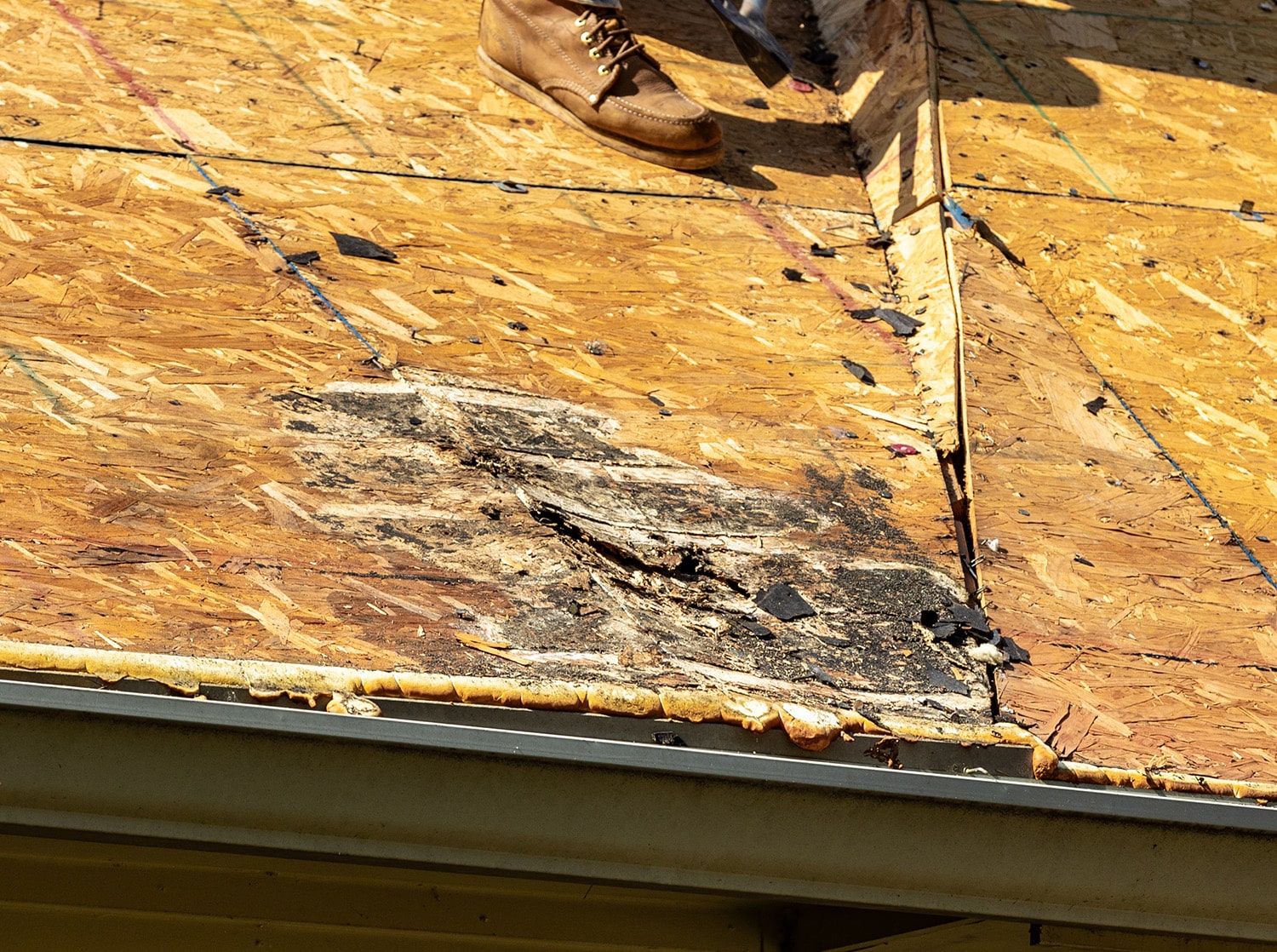 close up damaged roof decking