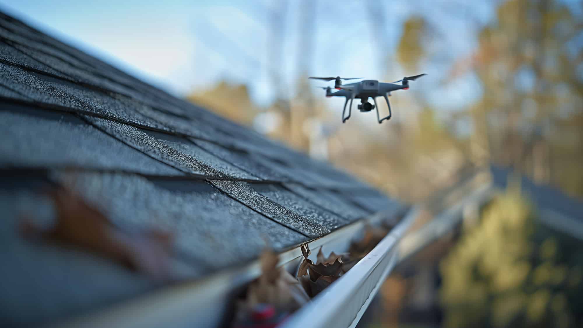 drone flying above roof and gutter